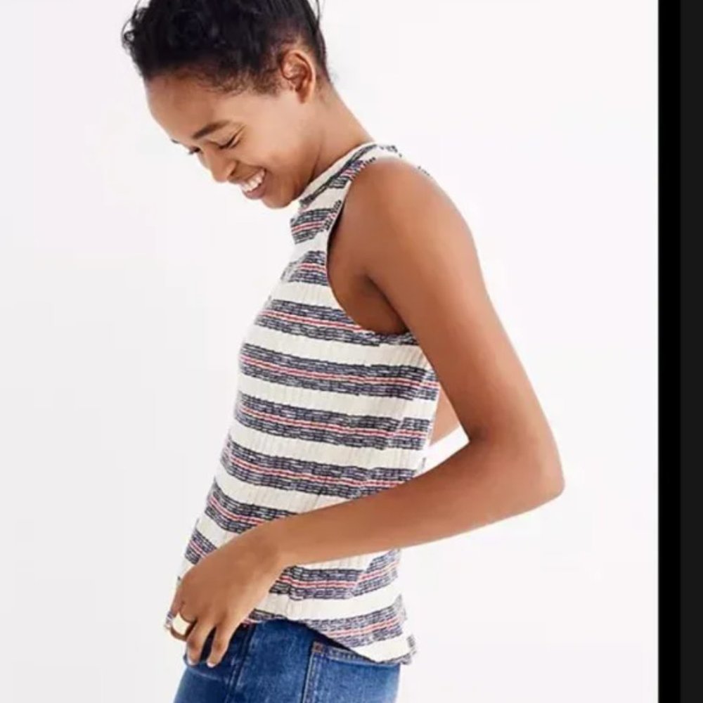 Madewell White Blue Lawton Stripe Mock Neck Tank Top